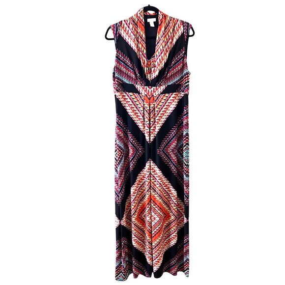 Chicos Geometric Print Sleeveless Maxi Dress 2 Draped Neckline Colorful Tribal - Picture 1 of 16